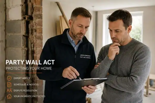 Party wall surveyor Cudworth discussing extension plans with homeowner outside a UK semi-detached house.